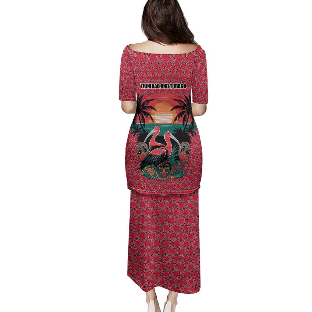 Trinidad and Tobago Flamingos Sunset Family Matching Puletasi and Hawaiian Shirt with Tribal Masks and Red Star Pattern - Wonder Print Shop