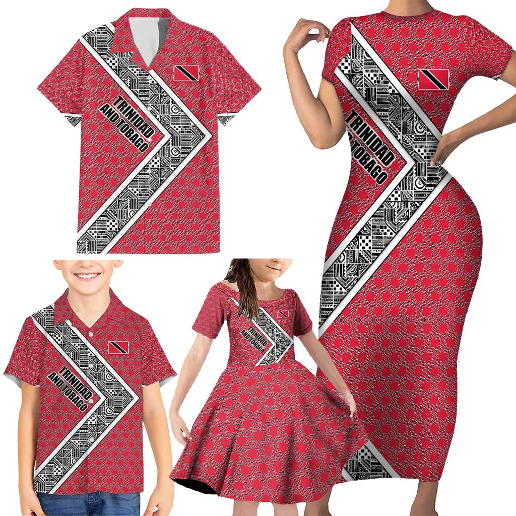 Trinidad and Tobago Flamingos Sunset Family Matching Short Sleeve Bodycon Dress and Hawaiian Shirt with Tribal Masks and Red Star Pattern - Wonder Print Shop