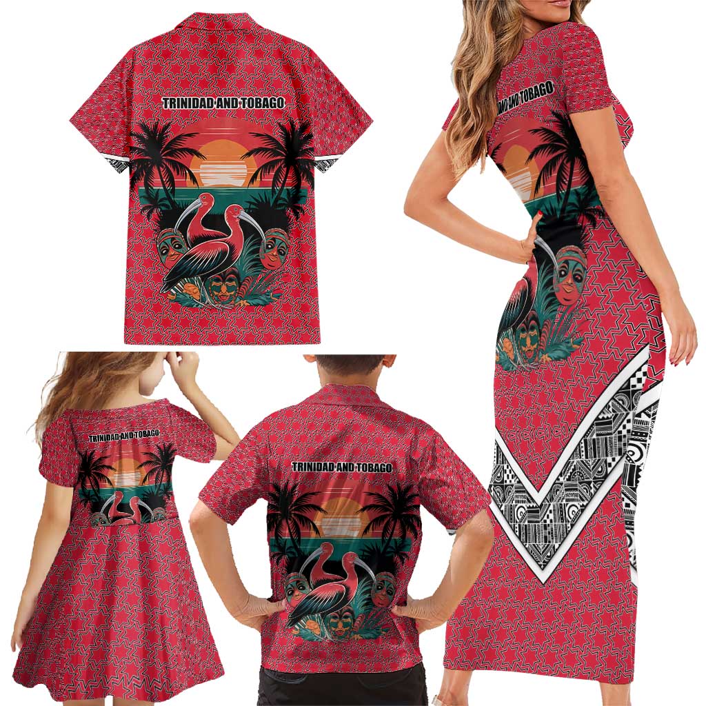 Trinidad and Tobago Flamingos Sunset Family Matching Short Sleeve Bodycon Dress and Hawaiian Shirt with Tribal Masks and Red Star Pattern - Wonder Print Shop