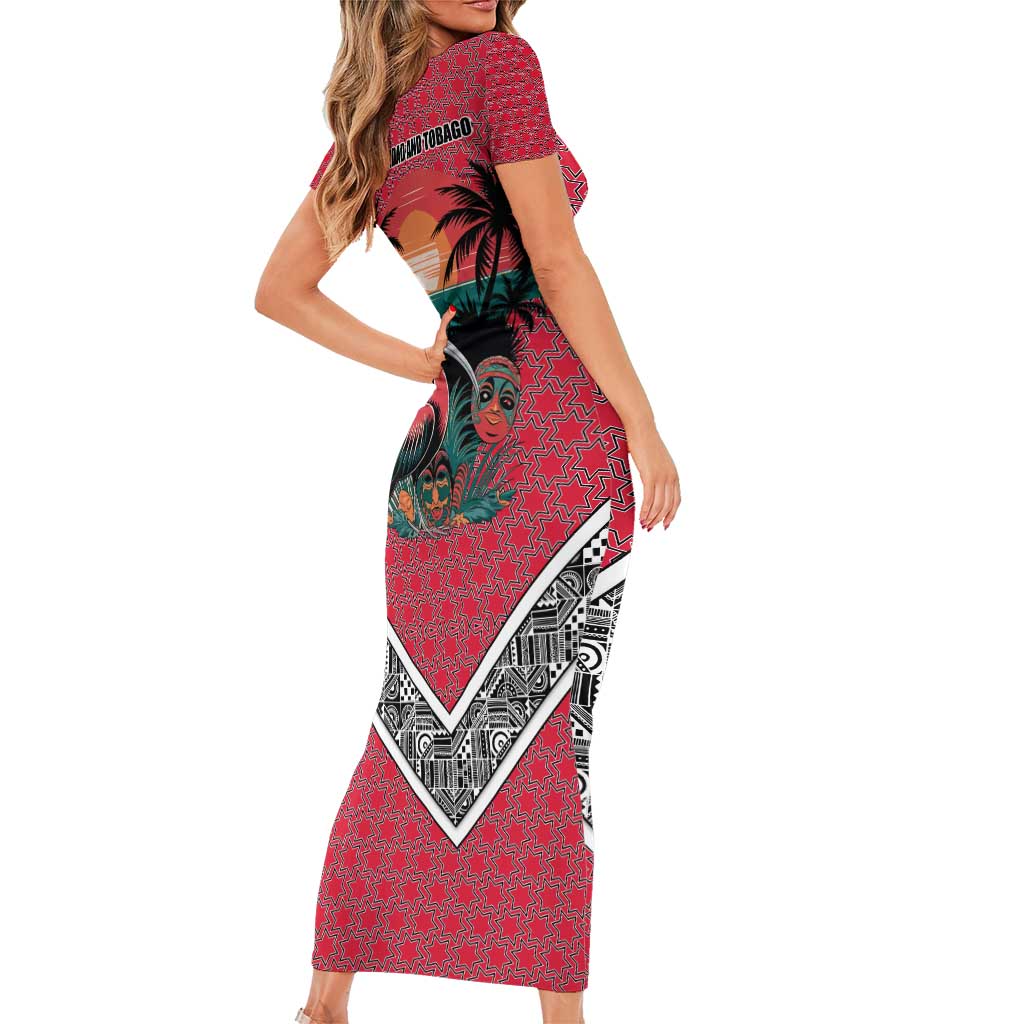 Trinidad and Tobago Flamingos Sunset Family Matching Short Sleeve Bodycon Dress and Hawaiian Shirt with Tribal Masks and Red Star Pattern - Wonder Print Shop