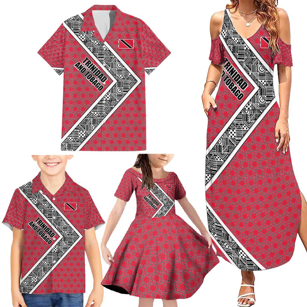 Trinidad and Tobago Flamingos Sunset Family Matching Summer Maxi Dress and Hawaiian Shirt with Tribal Masks and Red Star Pattern - Wonder Print Shop