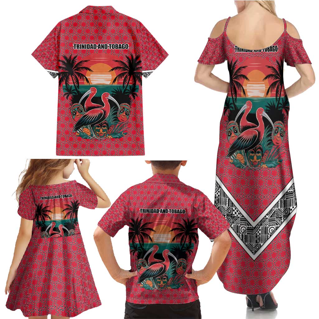Trinidad and Tobago Flamingos Sunset Family Matching Summer Maxi Dress and Hawaiian Shirt with Tribal Masks and Red Star Pattern - Wonder Print Shop