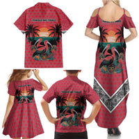 Trinidad and Tobago Flamingos Sunset Family Matching Summer Maxi Dress and Hawaiian Shirt with Tribal Masks and Red Star Pattern - Wonder Print Shop