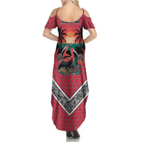 Trinidad and Tobago Flamingos Sunset Family Matching Summer Maxi Dress and Hawaiian Shirt with Tribal Masks and Red Star Pattern - Wonder Print Shop