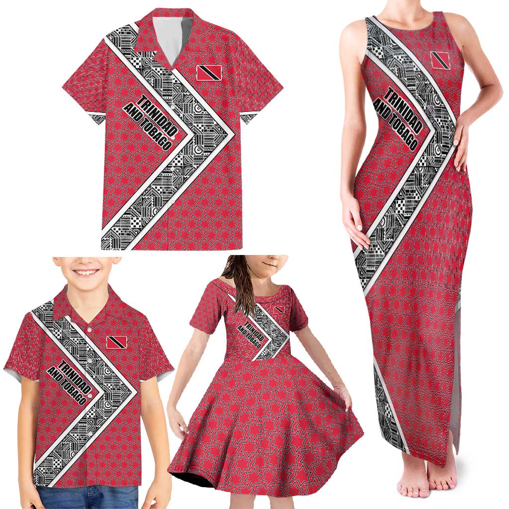 Trinidad and Tobago Flamingos Sunset Family Matching Tank Maxi Dress and Hawaiian Shirt with Tribal Masks and Red Star Pattern - Wonder Print Shop