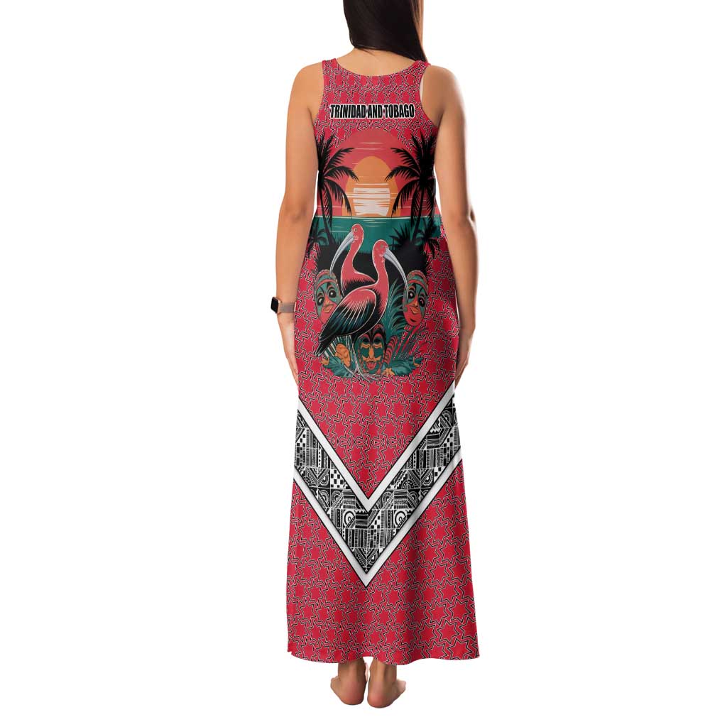 Trinidad and Tobago Flamingos Sunset Family Matching Tank Maxi Dress and Hawaiian Shirt with Tribal Masks and Red Star Pattern - Wonder Print Shop