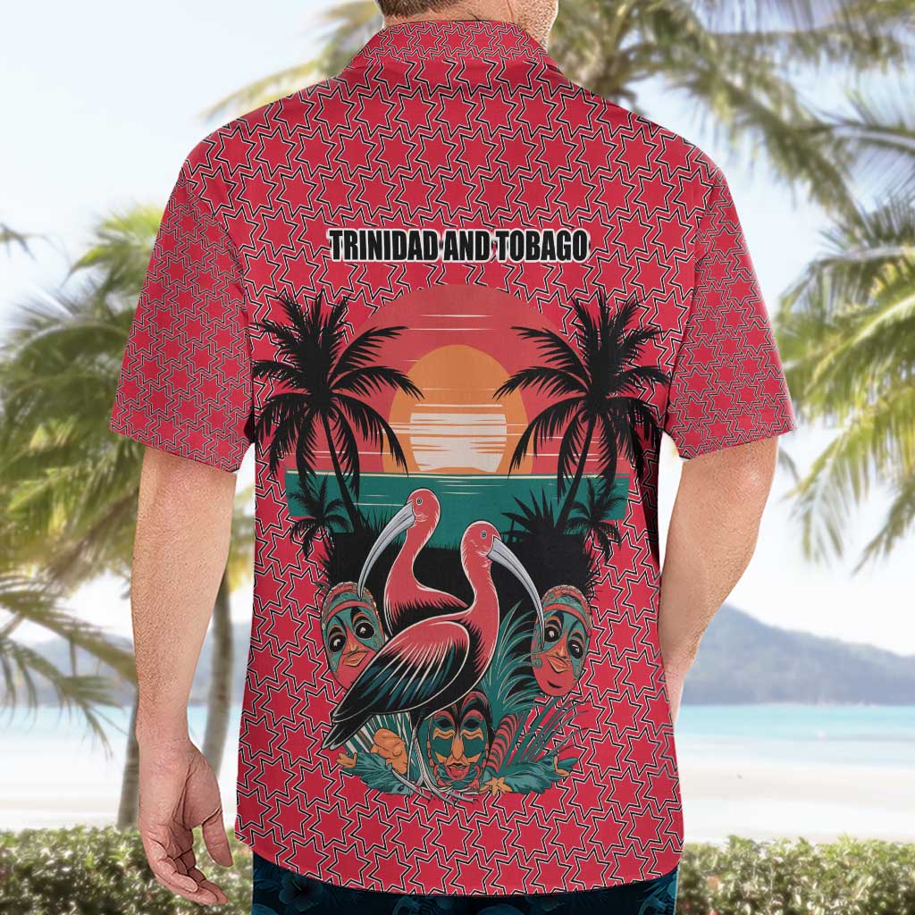 Trinidad and Tobago Flamingos Sunset Hawaiian Shirt with Tribal Masks and Red Star Pattern - Wonder Print Shop