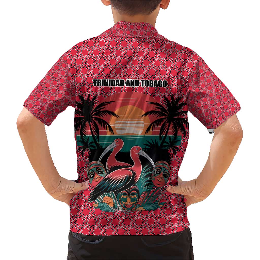 Trinidad and Tobago Flamingos Sunset Hawaiian Shirt with Tribal Masks and Red Star Pattern - Wonder Print Shop