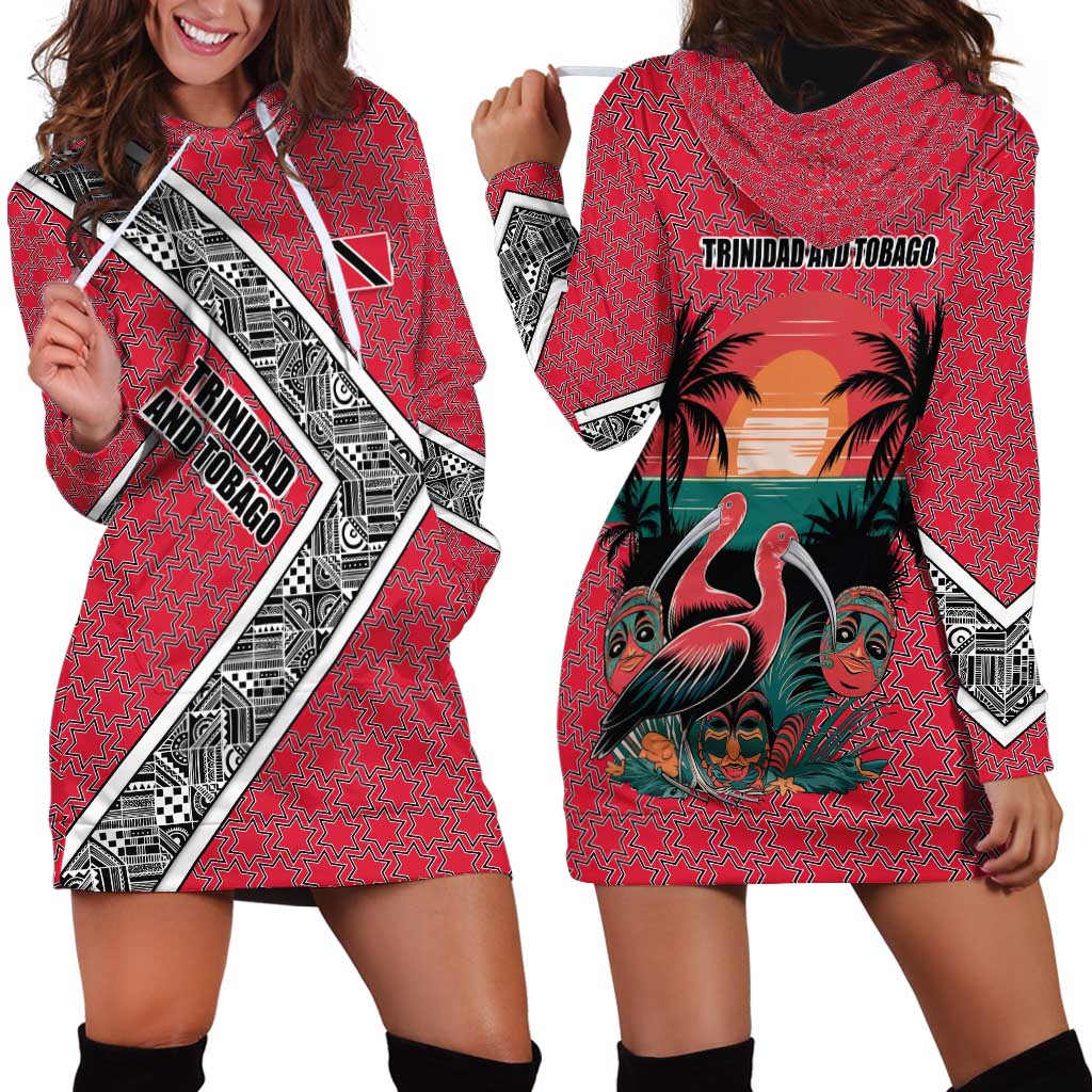 Trinidad and Tobago Flamingos Sunset Hoodie Dress with Tribal Masks and Red Star Pattern - Wonder Print Shop