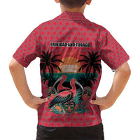 Trinidad and Tobago Flamingos Sunset Kid Hawaiian Shirt with Tribal Masks and Red Star Pattern - Wonder Print Shop
