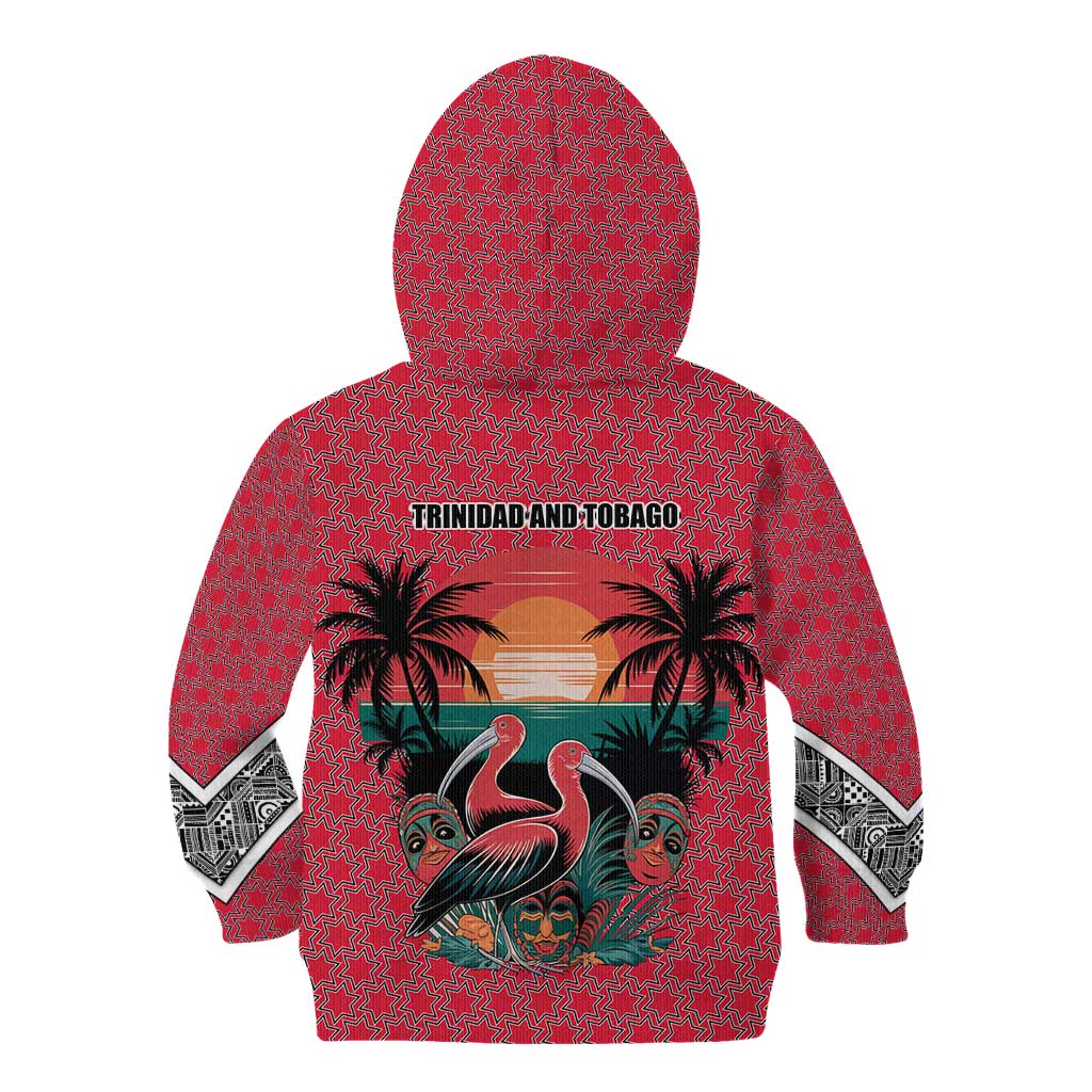 Trinidad and Tobago Flamingos Sunset Kid Hoodie with Tribal Masks and Red Star Pattern - Wonder Print Shop