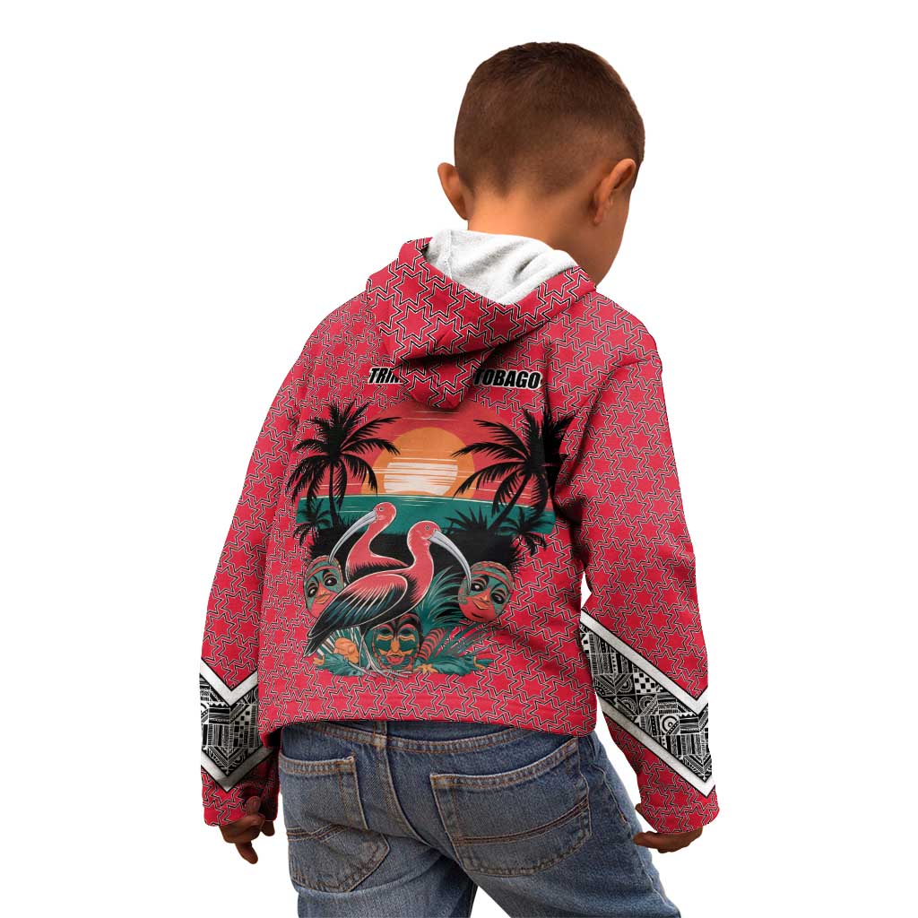 Trinidad and Tobago Flamingos Sunset Kid Hoodie with Tribal Masks and Red Star Pattern - Wonder Print Shop