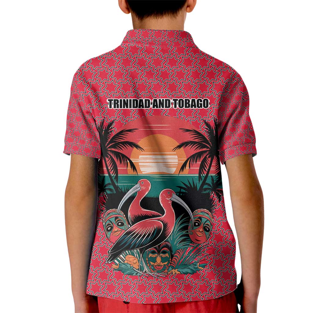 Trinidad and Tobago Flamingos Sunset Kid Polo Shirt with Tribal Masks and Red Star Pattern - Wonder Print Shop