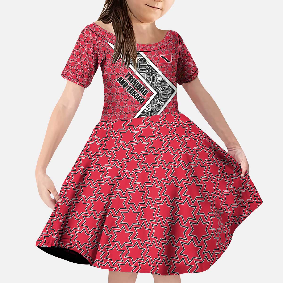 Trinidad and Tobago Flamingos Sunset Kid Short Sleeve Dress with Tribal Masks and Red Star Pattern - Wonder Print Shop