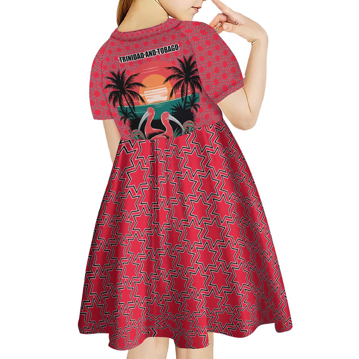Trinidad and Tobago Flamingos Sunset Kid Short Sleeve Dress with Tribal Masks and Red Star Pattern - Wonder Print Shop