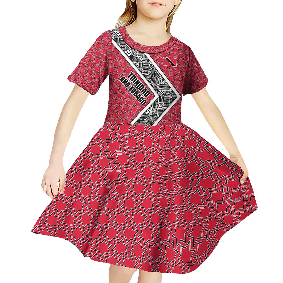 Trinidad and Tobago Flamingos Sunset Kid Short Sleeve Dress with Tribal Masks and Red Star Pattern - Wonder Print Shop