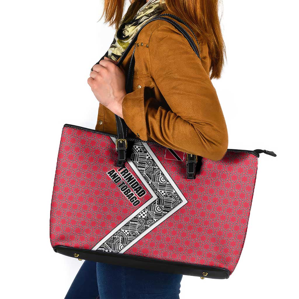 Trinidad and Tobago Flamingos Sunset Leather Tote Bag with Tribal Masks and Red Star Pattern - Wonder Print Shop