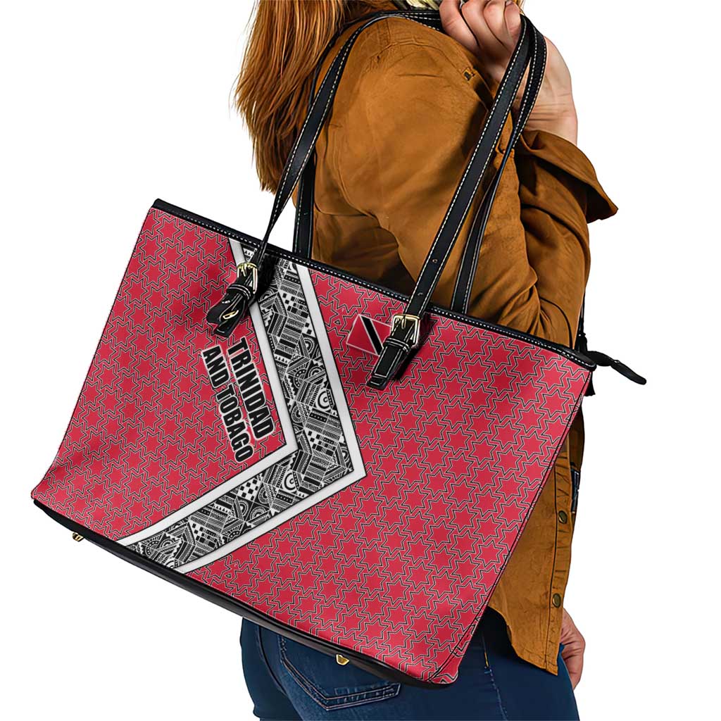 Trinidad and Tobago Flamingos Sunset Leather Tote Bag with Tribal Masks and Red Star Pattern - Wonder Print Shop