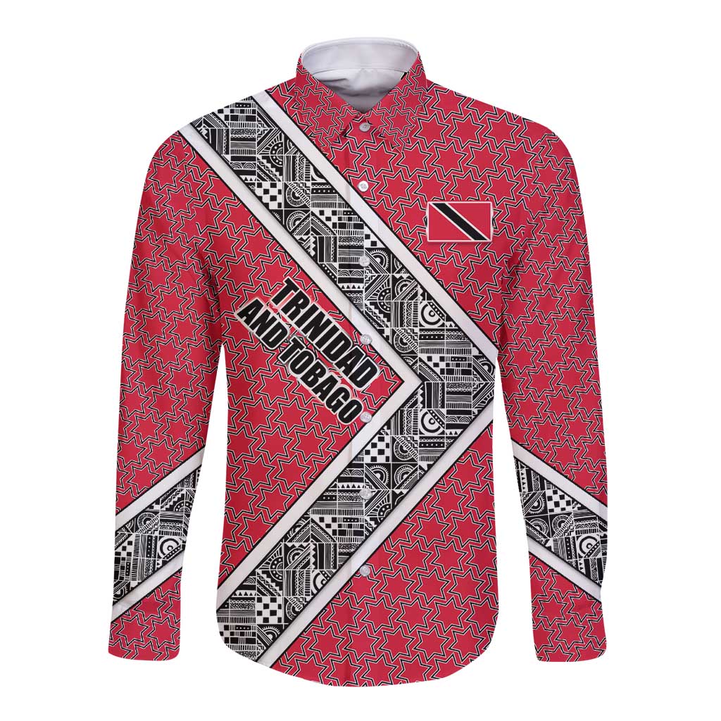 Trinidad and Tobago Flamingos Sunset Long Sleeve Button Shirt with Tribal Masks and Red Star Pattern - Wonder Print Shop