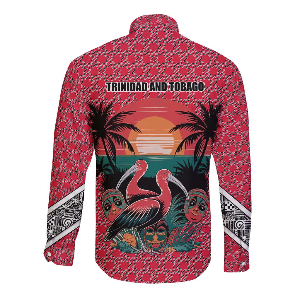 Trinidad and Tobago Flamingos Sunset Long Sleeve Button Shirt with Tribal Masks and Red Star Pattern - Wonder Print Shop
