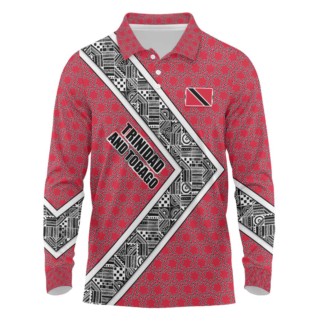 Trinidad and Tobago Flamingos Sunset Long Sleeve Polo Shirt with Tribal Masks and Red Star Pattern - Wonder Print Shop