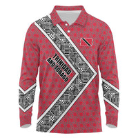 Trinidad and Tobago Flamingos Sunset Long Sleeve Polo Shirt with Tribal Masks and Red Star Pattern - Wonder Print Shop