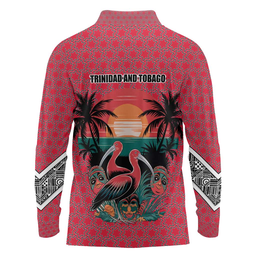 Trinidad and Tobago Flamingos Sunset Long Sleeve Polo Shirt with Tribal Masks and Red Star Pattern - Wonder Print Shop