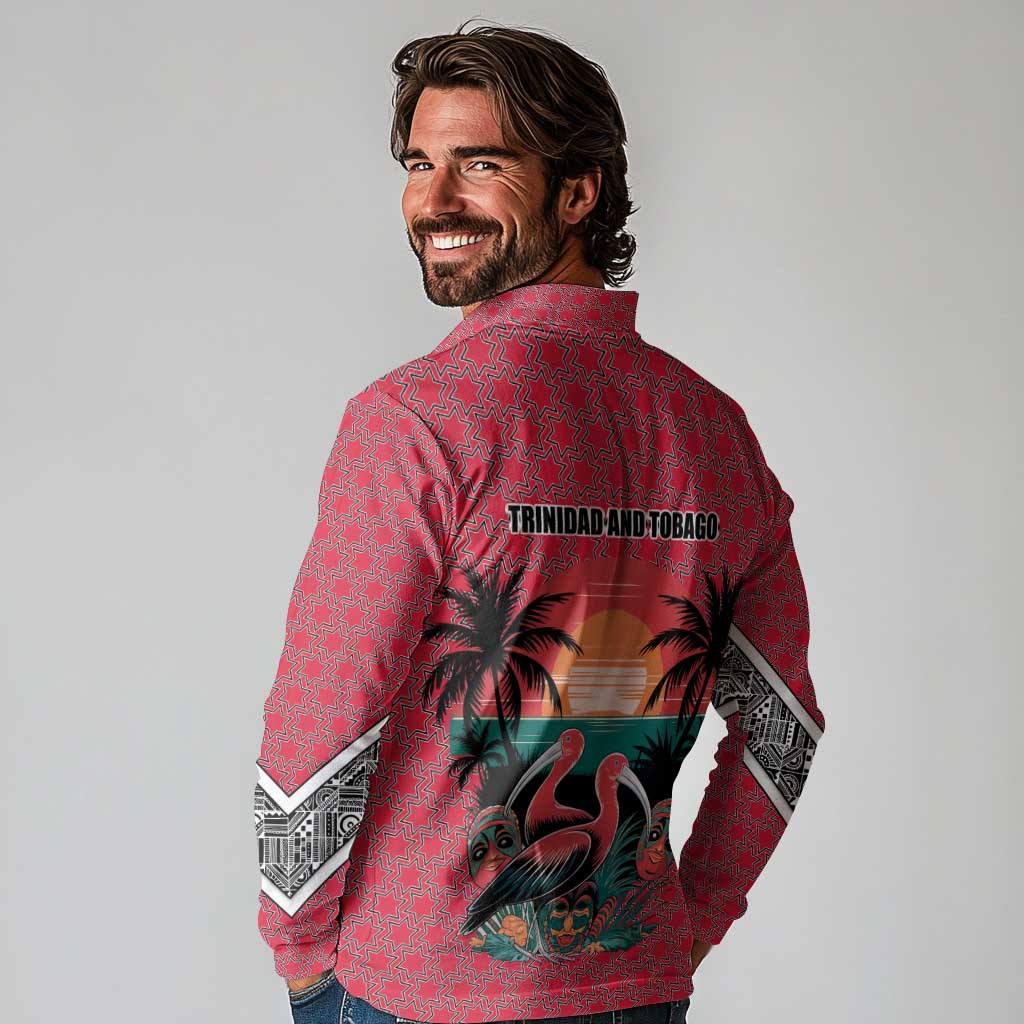 Trinidad and Tobago Flamingos Sunset Long Sleeve Polo Shirt with Tribal Masks and Red Star Pattern - Wonder Print Shop