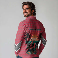 Trinidad and Tobago Flamingos Sunset Long Sleeve Polo Shirt with Tribal Masks and Red Star Pattern - Wonder Print Shop