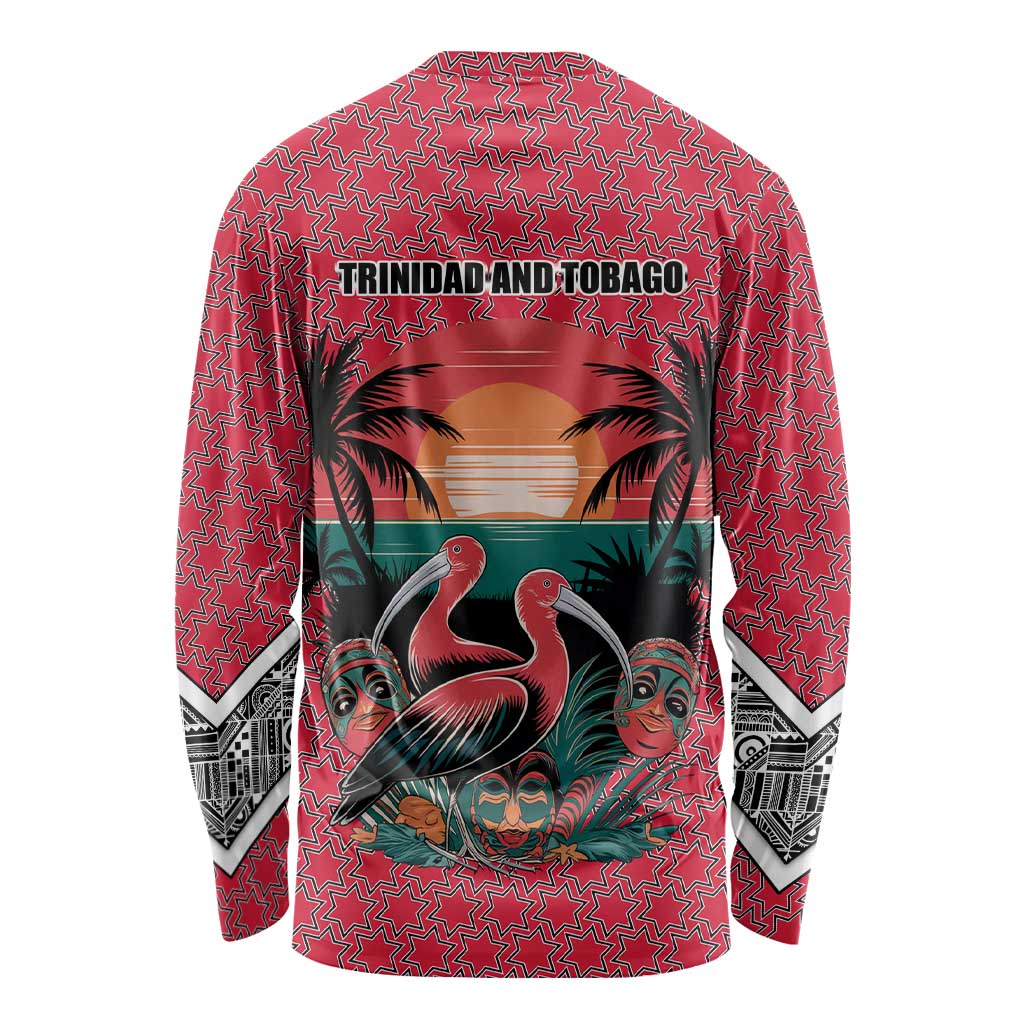 Trinidad and Tobago Flamingos Sunset Long Sleeve Shirt with Tribal Masks and Red Star Pattern - Wonder Print Shop