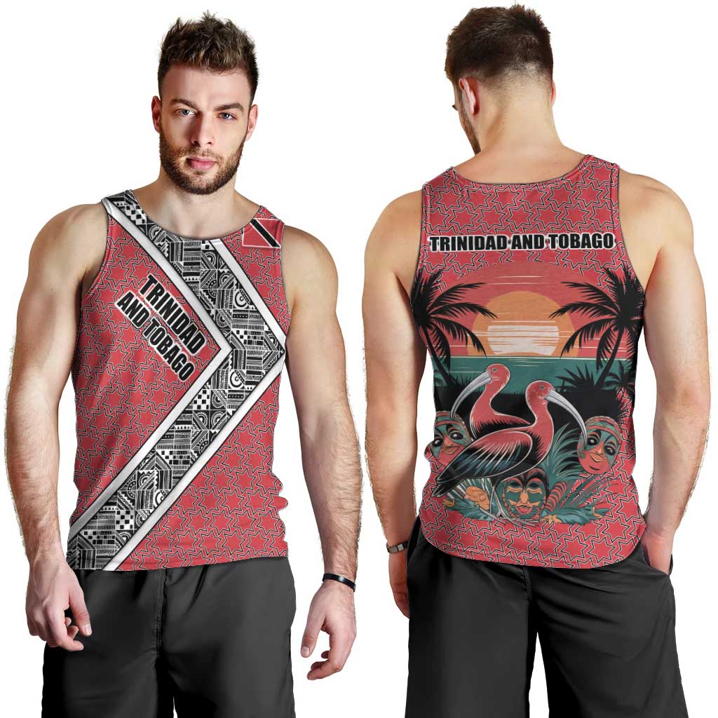 Trinidad and Tobago Flamingos Sunset Men Tank Top with Tribal Masks and Red Star Pattern - Wonder Print Shop