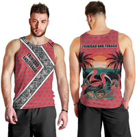Trinidad and Tobago Flamingos Sunset Men Tank Top with Tribal Masks and Red Star Pattern - Wonder Print Shop