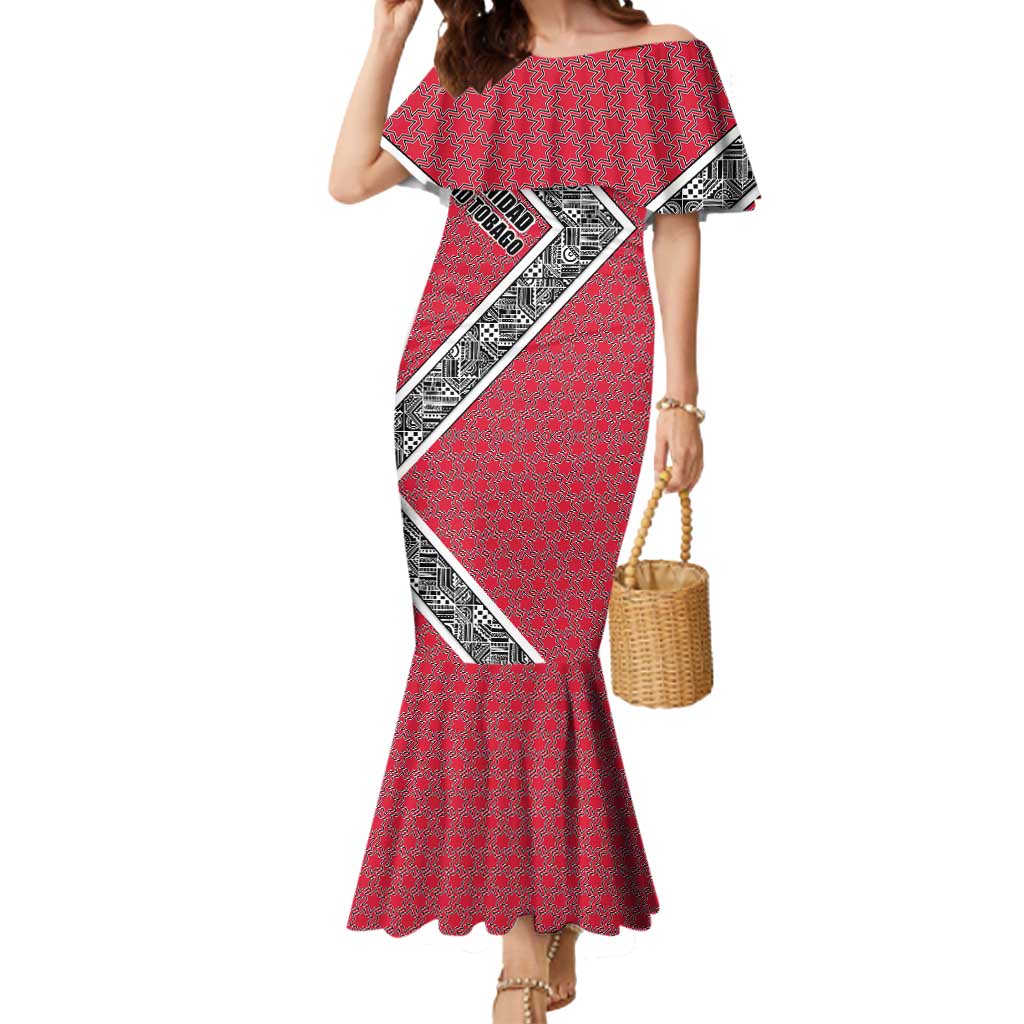 Trinidad and Tobago Flamingos Sunset Mermaid Dress with Tribal Masks and Red Star Pattern - Wonder Print Shop