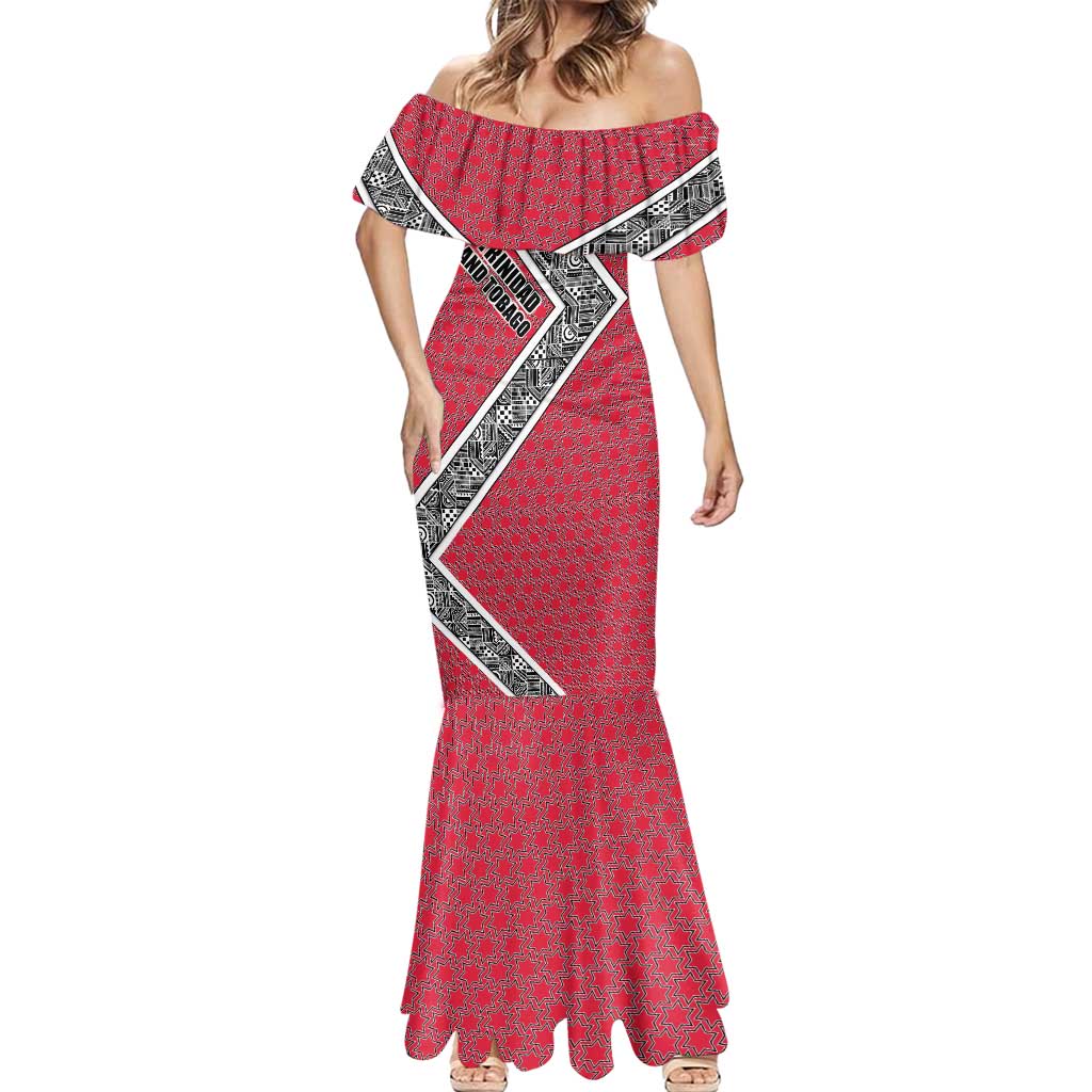 Trinidad and Tobago Flamingos Sunset Mermaid Dress with Tribal Masks and Red Star Pattern - Wonder Print Shop