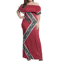 Trinidad and Tobago Flamingos Sunset Off Shoulder Maxi Dress with Tribal Masks and Red Star Pattern - Wonder Print Shop
