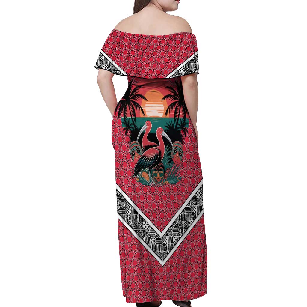 Trinidad and Tobago Flamingos Sunset Off Shoulder Maxi Dress with Tribal Masks and Red Star Pattern - Wonder Print Shop