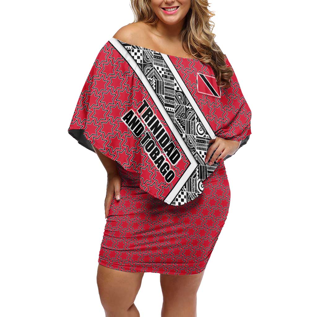 Trinidad and Tobago Flamingos Sunset Off Shoulder Short Dress with Tribal Masks and Red Star Pattern - Wonder Print Shop