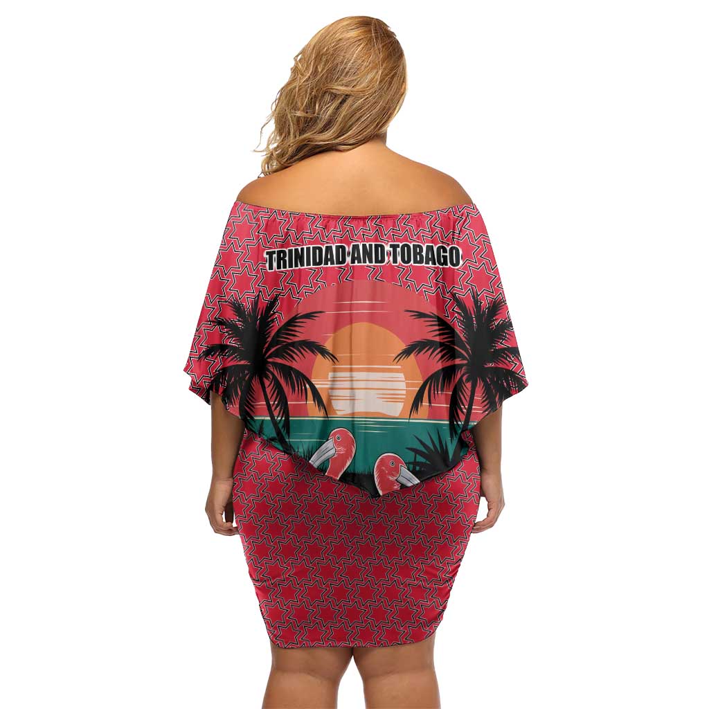 Trinidad and Tobago Flamingos Sunset Off Shoulder Short Dress with Tribal Masks and Red Star Pattern - Wonder Print Shop