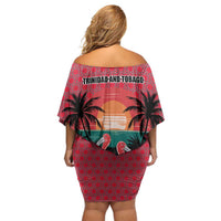 Trinidad and Tobago Flamingos Sunset Off Shoulder Short Dress with Tribal Masks and Red Star Pattern - Wonder Print Shop