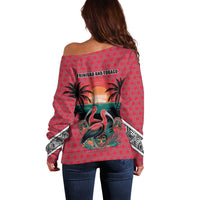Trinidad and Tobago Flamingos Sunset Off Shoulder Sweater with Tribal Masks and Red Star Pattern - Wonder Print Shop