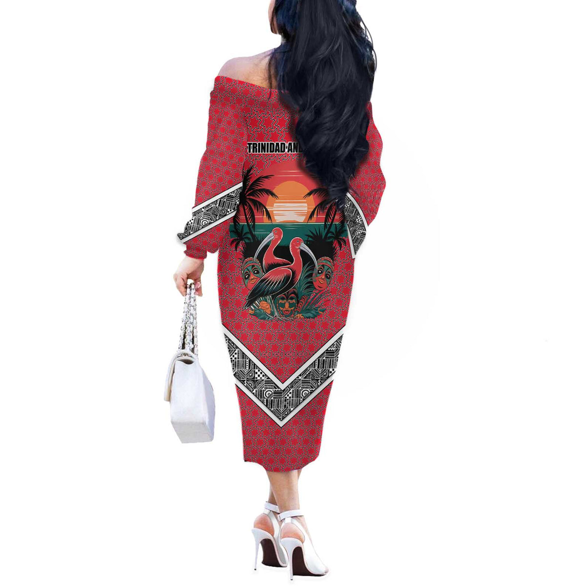 Trinidad and Tobago Flamingos Sunset Off The Shoulder Long Sleeve Dress with Tribal Masks and Red Star Pattern - Wonder Print Shop