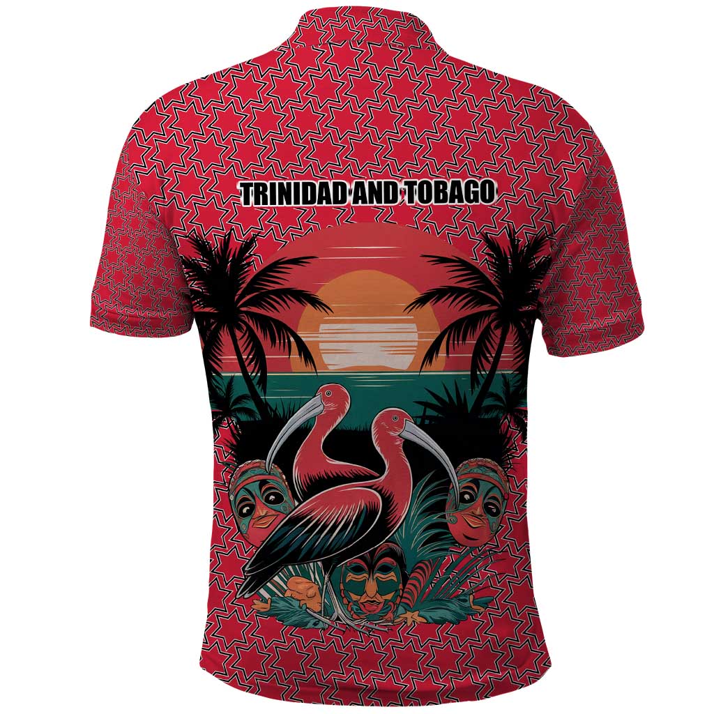 Trinidad and Tobago Flamingos Sunset Polo Shirt with Tribal Masks and Red Star Pattern - Wonder Print Shop