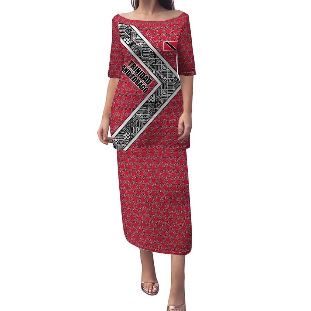 Trinidad and Tobago Flamingos Sunset Puletasi with Tribal Masks and Red Star Pattern - Wonder Print Shop