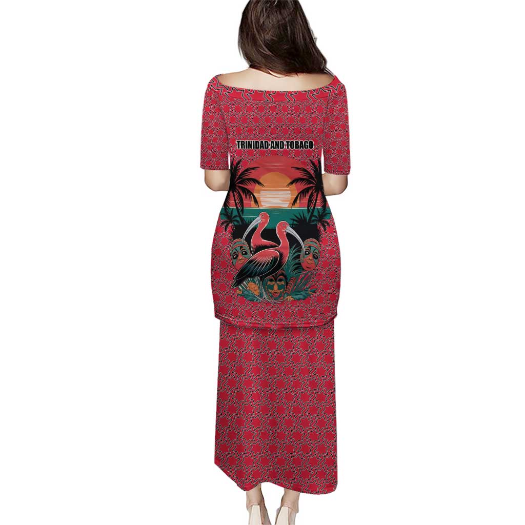 Trinidad and Tobago Flamingos Sunset Puletasi with Tribal Masks and Red Star Pattern - Wonder Print Shop