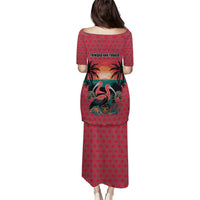 Trinidad and Tobago Flamingos Sunset Puletasi with Tribal Masks and Red Star Pattern - Wonder Print Shop
