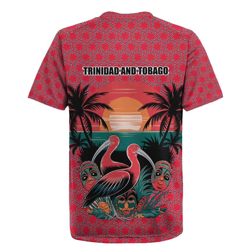 Trinidad and Tobago Flamingos Sunset Rugby Jersey with Tribal Masks and Red Star Pattern - Wonder Print Shop