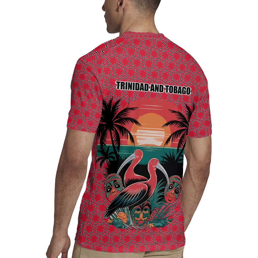 Trinidad and Tobago Flamingos Sunset Rugby Jersey with Tribal Masks and Red Star Pattern - Wonder Print Shop