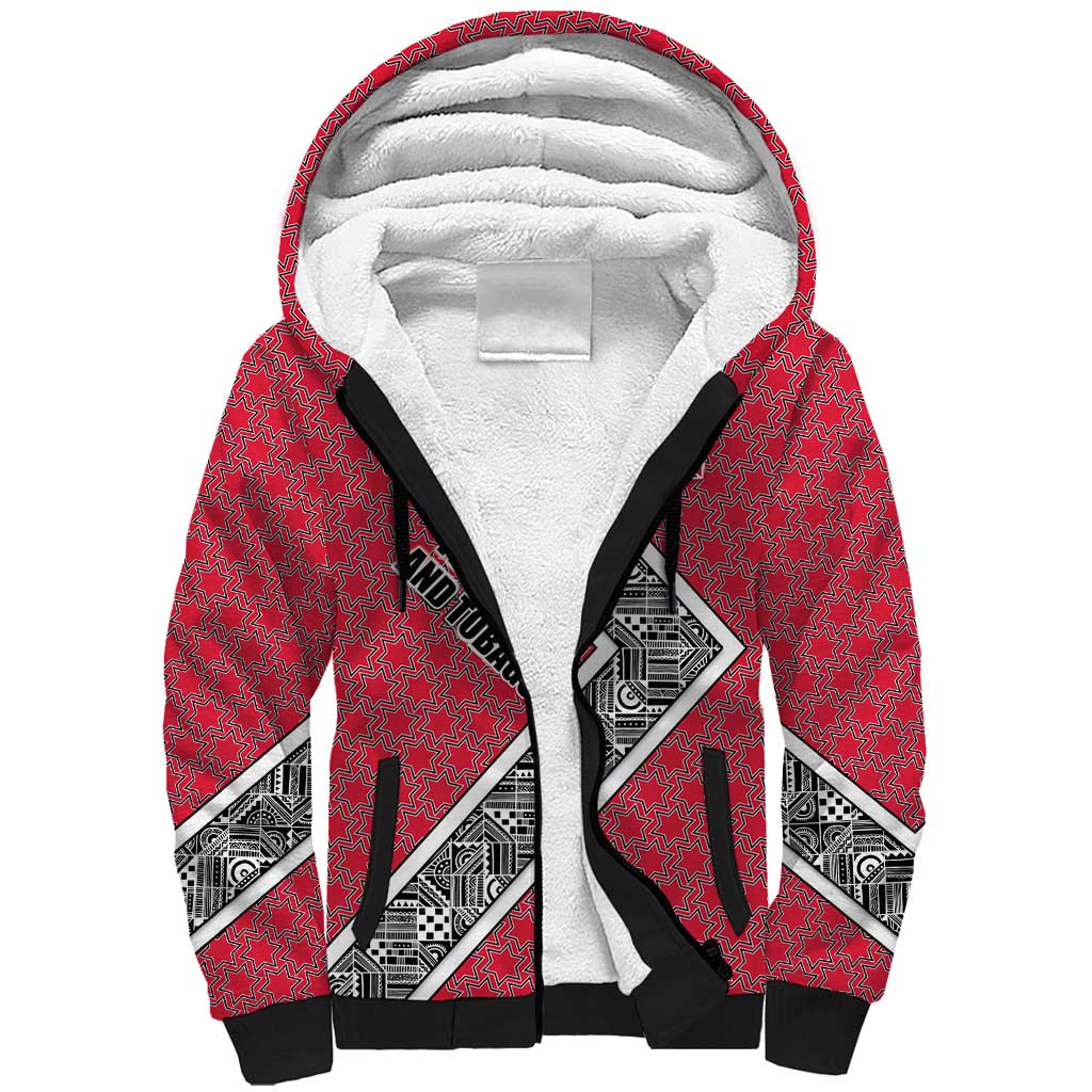 Trinidad and Tobago Flamingos Sunset Sherpa Hoodie with Tribal Masks and Red Star Pattern - Wonder Print Shop