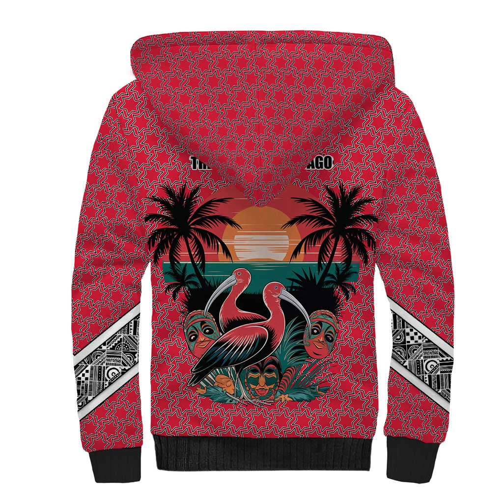 Trinidad and Tobago Flamingos Sunset Sherpa Hoodie with Tribal Masks and Red Star Pattern - Wonder Print Shop