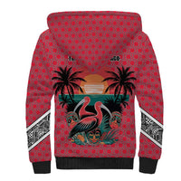 Trinidad and Tobago Flamingos Sunset Sherpa Hoodie with Tribal Masks and Red Star Pattern - Wonder Print Shop